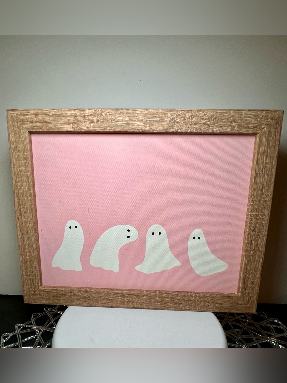 Halloween Cute White Ghosts Wooden Box Decor Sign Pink Background - Picture 2 of 7